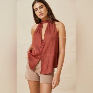 Anthropologie Silky Burnt Orange Button Front Halter Tank